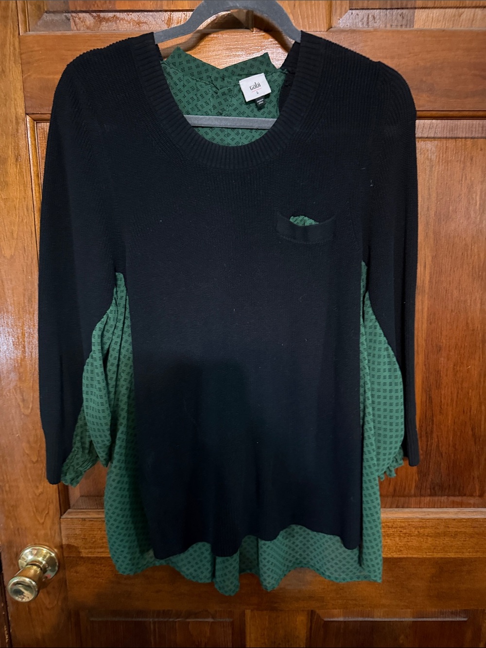 CAbi Black Knit Pullover with Green Printed Underlayer